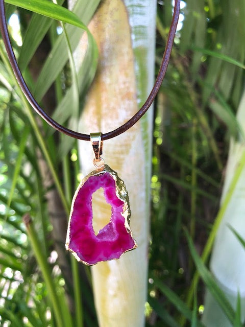 fuchsia glass pendant with 30"-33" long adjustable 1.5 mm brown leather cord - uniquemom.shop