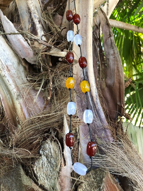 26"- 27" Chunky red carnelian, yellow barrel and white chalcedony barrel beaded necklace