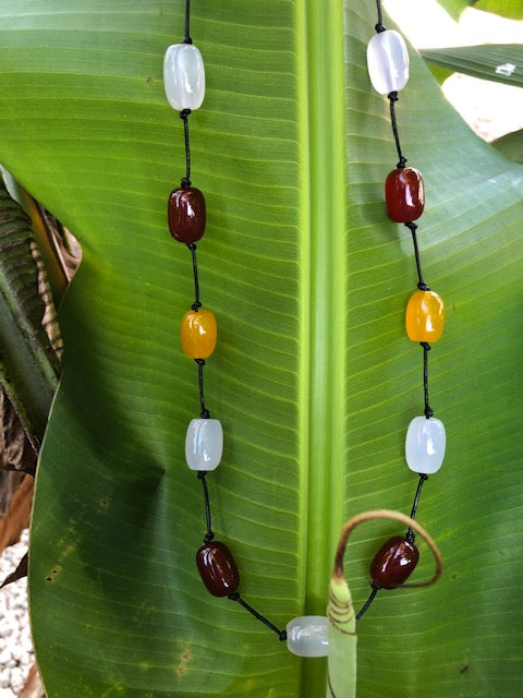 26"- 27" Chunky red carnelian, yellow barrel and white chalcedony barrel beaded necklace