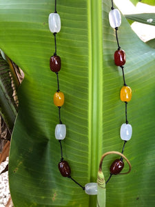 26"- 27" Chunky red carnelian, yellow barrel and white chalcedony barrel beaded necklace